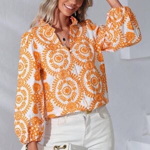 All Over Orange Embroidered Print Notched Neckline Lantern Sleeve Blouse L/8-10